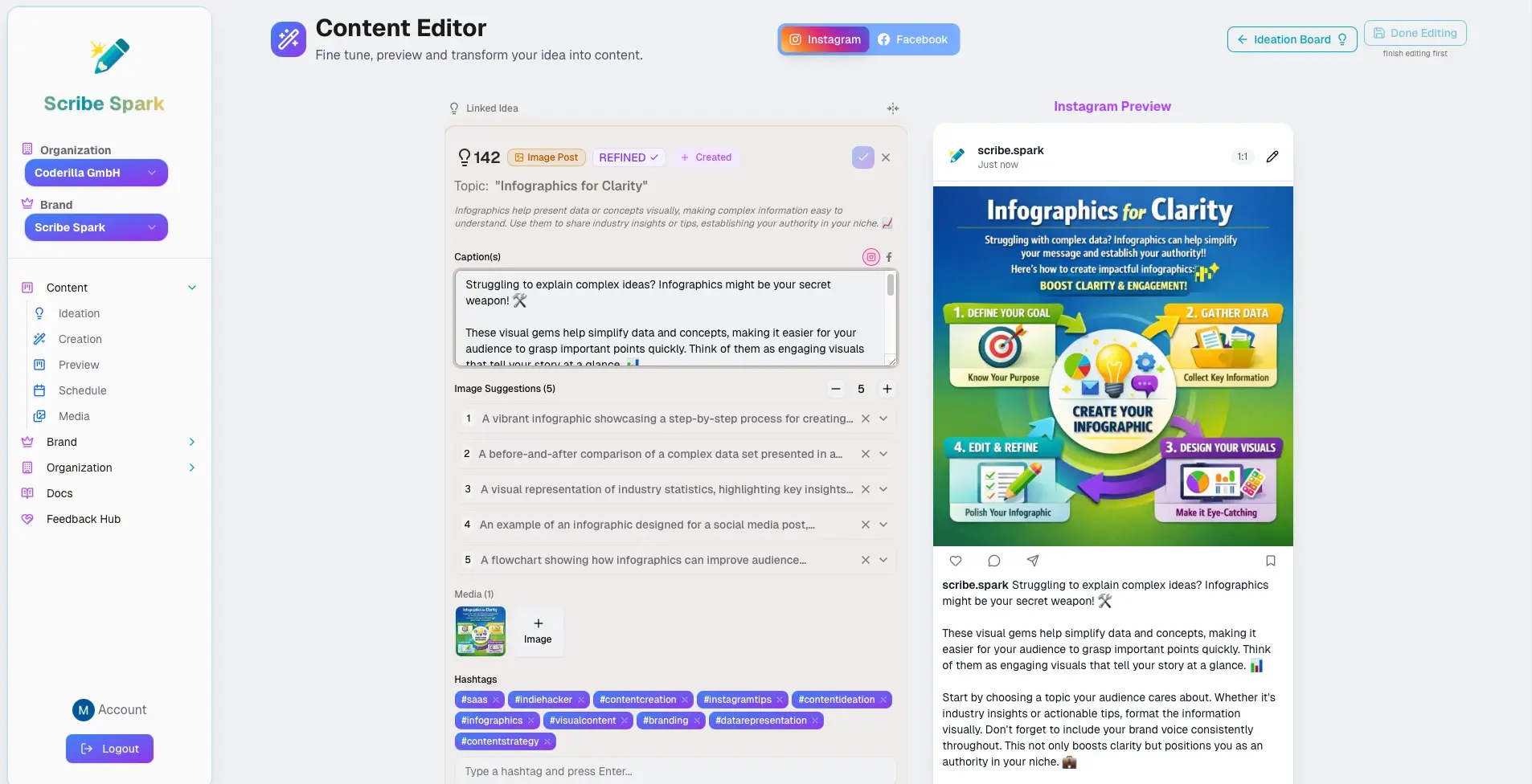 AI caption generator and carousel creator interface for social media content