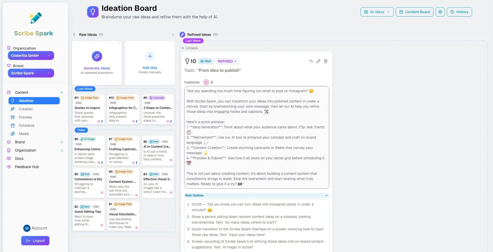 AI content ideation tool generating social media post ideas for Instagram